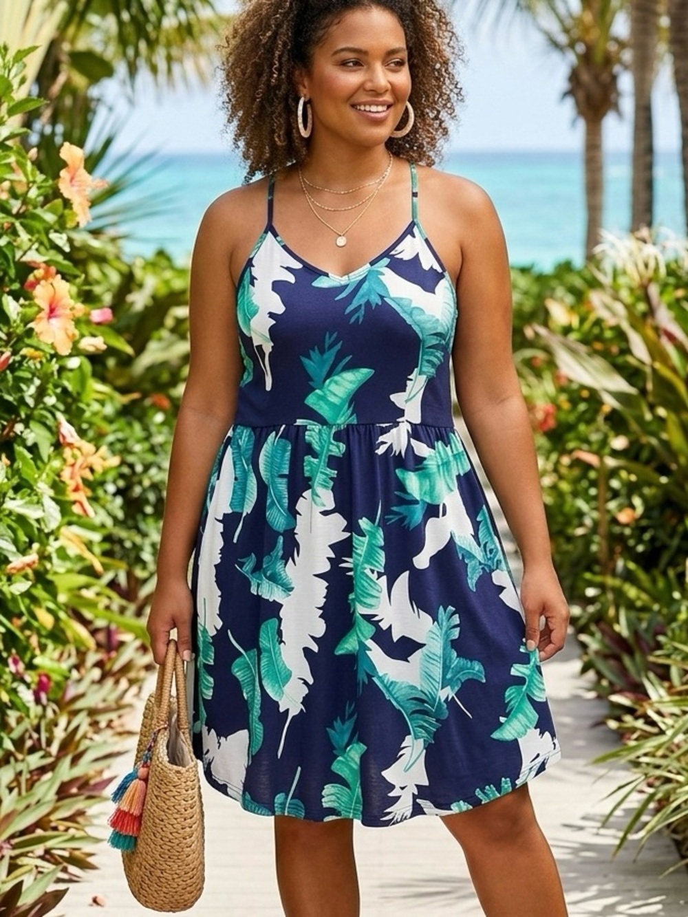 Tropical Palm Leaf Cotton Sundress XL Navy Green Floral Strappy Skater Beach